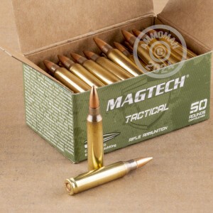 A photograph detailing the 5.56x45mm ammo with Hollow-Point Boat Tail (HP-BT) bullets made by Magtech.