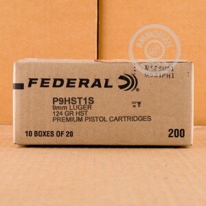 Photo detailing the 9MM FEDERAL PREMIUM 124 GRAIN HST JHP (20 ROUNDS) for sale at AmmoMan.com.