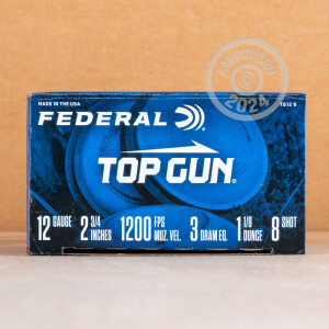Photo detailing the 12 GAUGE FEDERAL TOP GUN 2-3/4" 1-1/8 OZ. #8 SHOT (250 ROUNDS) for sale at AmmoMan.com.