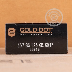 Photo detailing the 357 SIG 125 GRAIN GOLD DOT HOLLOW POINT (1000 ROUNDS) for sale at AmmoMan.com.