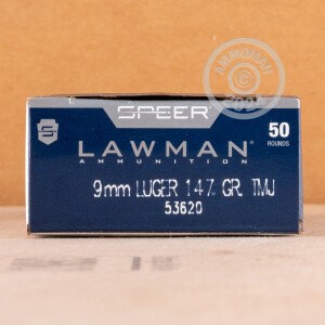 Photograph showing detail of 9MM LUGER SPEER LAWMAN 147 GRAIN TMJ (50 ROUNDS)