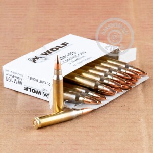 Photo detailing the 5.56X45 WOLF GOLD 55 GRAIN FMJ (1000 ROUNDS) (BRASS CASE) for sale at AmmoMan.com.