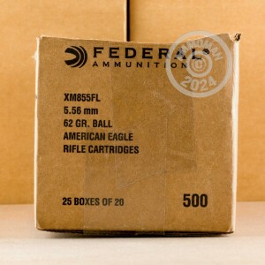 Photo detailing the 5.56 NATO FEDERAL 62 GRAIN FULL METAL JACKET (500 ROUNDS) for sale at AmmoMan.com.