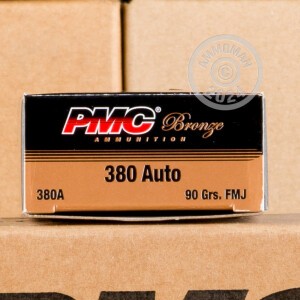 Photo detailing the .380 ACP PMC 90 GRAIN Full Metal Jacket #380A (1000 ROUNDS) for sale at AmmoMan.com.