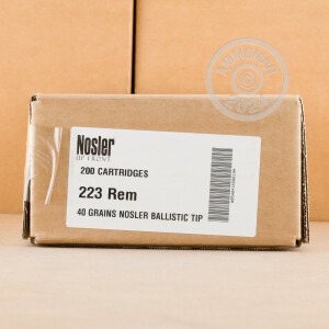 A photo of a box of Nosler Ammunition ammo in 223 Remington.