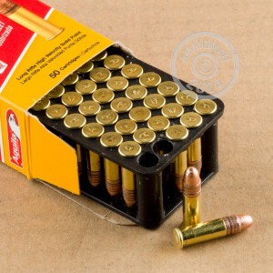  rounds of .22 Long Rifle ammo with copper plated round nose bullets made by Aguila.