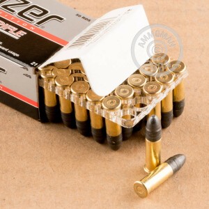 Photograph of .22 Long Rifle ammo with Lead Round Nose (LRN) ideal for training at the range.