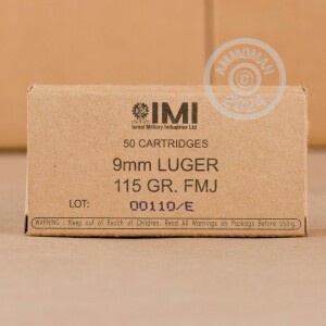 A photograph detailing the 9mm Luger ammo with FMJ bullets made by Israeli Military Industries.
