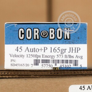A photograph detailing the .45 Automatic ammo with JHP bullets made by Corbon.