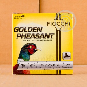 Photo detailing the 12 GAUGE FIOCCHI GOLDEN PHEASANT 2-3/4" 1-3/8 OZ. #4 NICKEL PLATED SHOT (25 ROUNDS) for sale at AmmoMan.com.