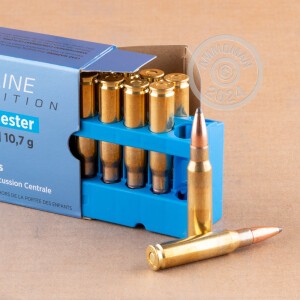 A photograph detailing the 308 / 7.62x51 ammo with Pointed Soft Point Boat-Tail bullets made by Prvi Partizan.