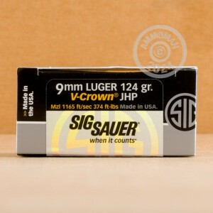 Image detailing the brass case and boxer primers on the SIG ammunition.