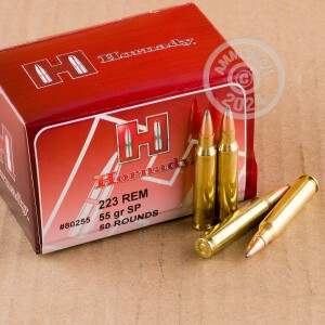 A photograph detailing the 223 Remington ammo with soft point bullets made by Hornady.