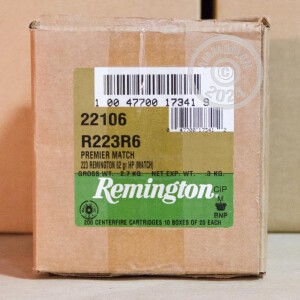 A photograph detailing the 223 Remington ammo with Hollow-Point (HP) bullets made by Remington.