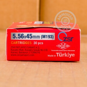 A photo of a box of ZSR Ammunition ammo in 5.56x45mm.