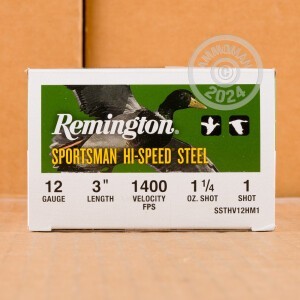 Photo detailing the 12 GAUGE REMINGTON SPORTSMAN HI-SPEED STEEL 3" 1-1/4 OZ. #1 STEEL SHOT (25 ROUNDS) for sale at AmmoMan.com.