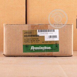 Photo detailing the .40 S&W REMINGTON ULTIMATE DEFENSE 180 GRAIN BJHP (20 ROUNDS) for sale at AmmoMan.com.