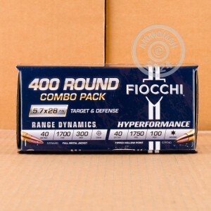 Photograph showing detail of 5.7x28MM FIOCCHI COMBO PACK 40 GRAIN FMJ & 40 GRAIN THP (400 ROUNDS)