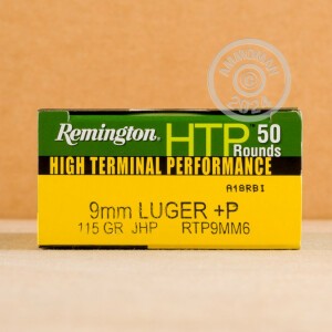 Photo detailing the 9MM LUGER +P REMINGTON HTP 115 GRAIN JHP (50 ROUNDS) for sale at AmmoMan.com.