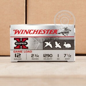 Photo detailing the 12 GAUGE WINCHESTER SUPER-X 2-3/4" 1 OZ. #7.5 SHOT (250 ROUNDS) for sale at AmmoMan.com.