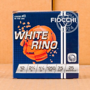 Image of the 12 Gauge 2 3/4" FIOCCHI WHITE RINO 1 1/8 OZ #7.5 SHOT (250 ROUNDS) available at AmmoMan.com.