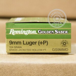 Image of the 9MM + P REMINGTON GOLDEN SABER 124 GRAIN JHP (500 ROUNDS) available at AmmoMan.com.