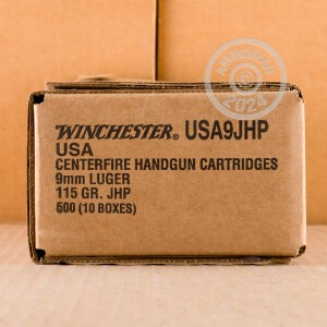 A photograph of 50 rounds of 115 grain 9mm Luger ammo with a JHP bullet for sale.