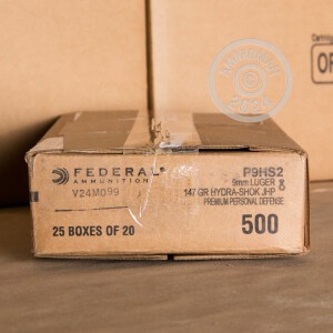 Photo detailing the 9MM FEDERAL PERSONAL DEFENSE 147 GRAIN HYDRA-SHOK JHP (500 ROUNDS) for sale at AmmoMan.com.