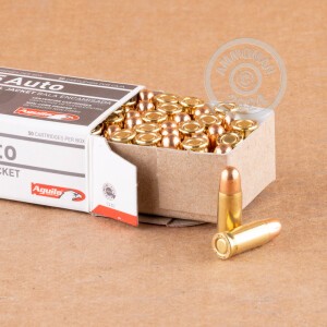 A photograph detailing the .25 ACP ammo with FMJ bullets made by Aguila.