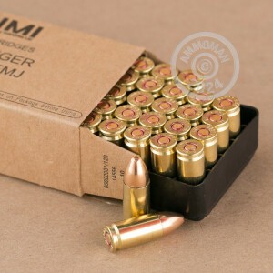 Image of 9mm Luger ammo by Israeli Military Industries that's ideal for training at the range.