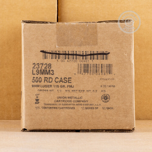 9mm Luger Ammo - 500 Rounds of Remington UMC 115 Grain MC at AmmoMan.com