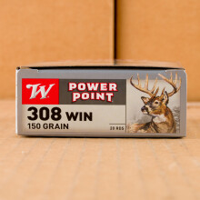 Image of 308 / 7.62x51 ammo by Winchester that's ideal for big game hunting, hunting wild pigs, whitetail hunting.