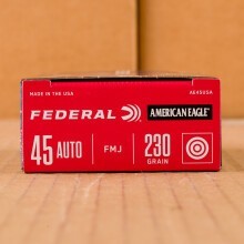 A photograph detailing the .45 Automatic ammo with FMJ bullets made by Federal.