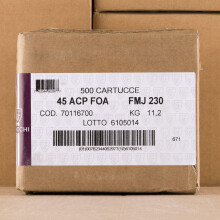 A photograph detailing the .45 Automatic ammo with FMJ bullets made by Fiocchi.