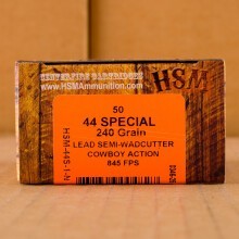A photograph of 50 rounds of 240 grain 44 Special ammo with a Lead Semi-Wadcutter (LSWC) bullet for sale.