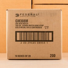 A photograph of 500 rounds of 168 grain 308 / 7.62x51 ammo with a Hollow-Point Boat Tail (HP-BT) bullet for sale.