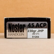 A photo of a box of Nosler Ammunition ammo in .45 Automatic.