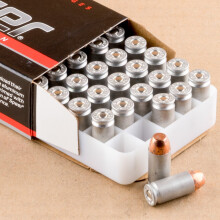 A photograph detailing the .40 Smith & Wesson ammo with FMJ bullets made by Blazer.