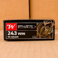 Image of 243 Winchester ammo by Winchester that's ideal for hunting varmint sized game, whitetail hunting.