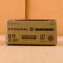 A photograph of 50 rounds of 147 grain 9mm Luger ammo with a TMJ bullet for sale.