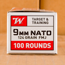 A photograph of 100 rounds of 124 grain 9mm Luger ammo with a FMJ bullet for sale.
