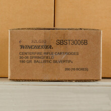 A photograph detailing the 30.06 Springfield ammo with Polymer Tipped bullets made by Winchester.