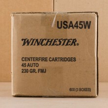 A photograph detailing the .45 Automatic ammo with FMJ bullets made by Winchester.