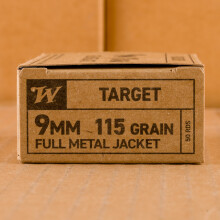 A photograph detailing the 9mm Luger ammo with full metal jacket flat-point bullets made by Winchester.