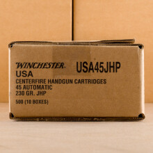A photograph of 50 rounds of 230 grain .45 Automatic ammo with a JHP bullet for sale.