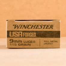 A photograph detailing the 9mm Luger ammo with FMJ bullets made by Winchester.