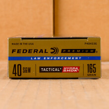 A photograph of 50 rounds of 165 grain .40 Smith & Wesson ammo with a JHP bullet for sale.