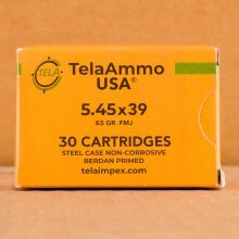 A photo of a box of Tela Ammo ammo in 5.45 x 39 Russian that's often used for training at the range.