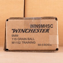 Image of 9mm Luger ammo by Winchester that's ideal for training at the range.