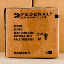 A photograph detailing the 223 Remington ammo with FMJ-BT bullets made by Federal.